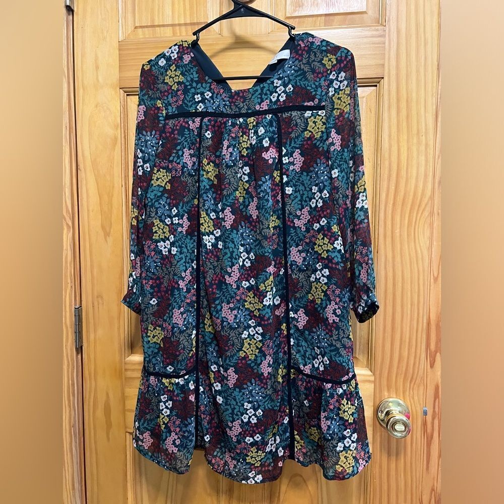 Loft size S petite floral dress with sheer sleeves